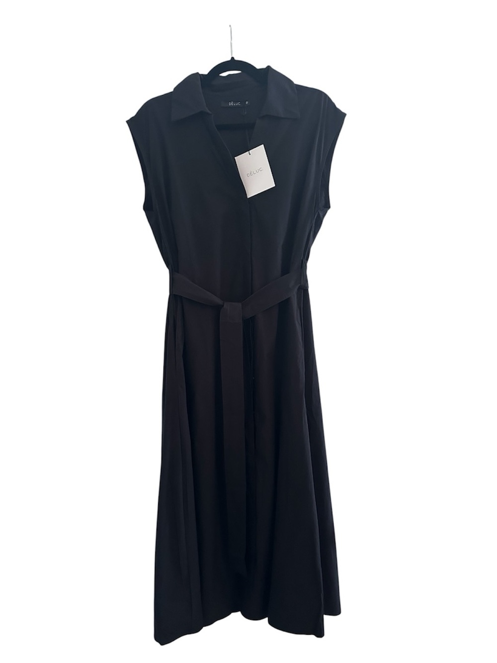 Deluc Imola Black Midi Shirt Dress Sleeveless Belted Collared Minimalist Chic - Picture 2 of 4